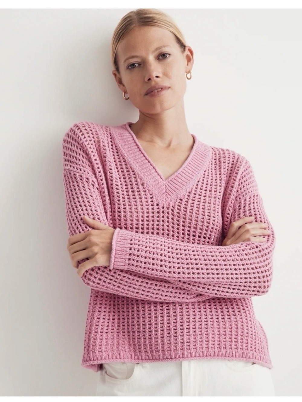 Madewell Pink Open-Weave V-Neck Sweater